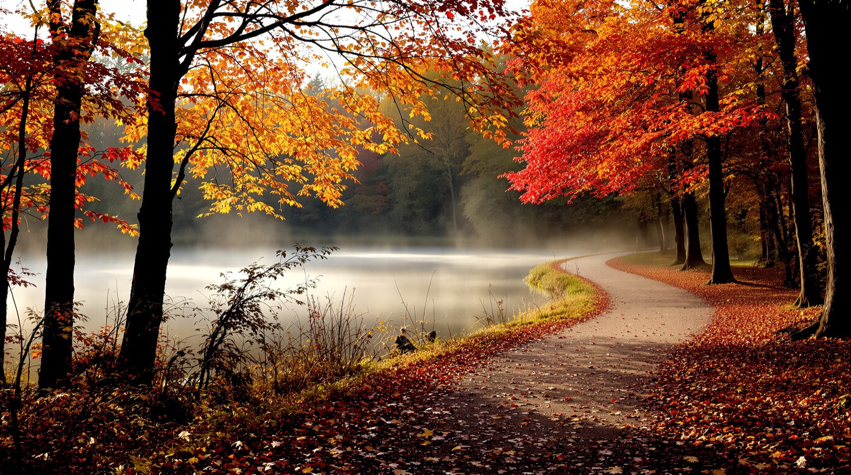 A quiet misty trail winding around a wooded pond at dawn