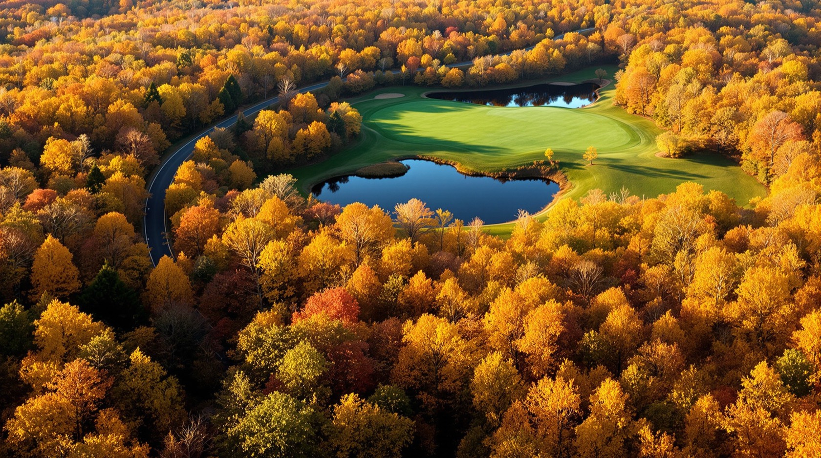 A country road winding through autumn New England hills toward a green playing field