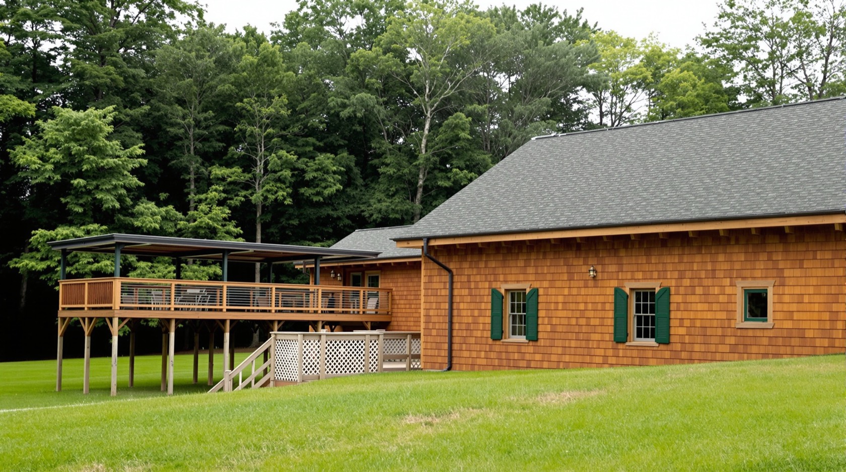 A cedar-shingled timber rugby clubhouse with green shutters overlooking an emerald pitch