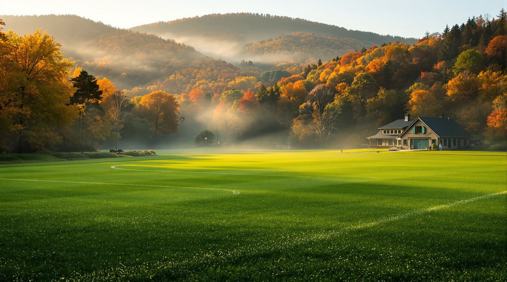 An emerald rugby pitch set in a wooded New England valley at golden hour