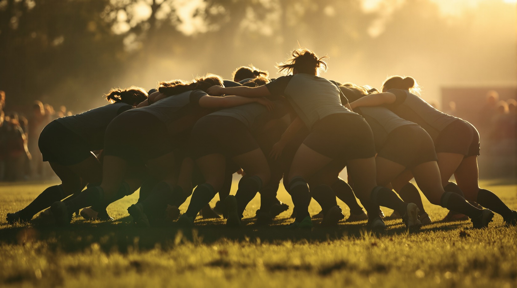 Silhouetted women's rugby players packing down in a scrum on an autumn pitch
