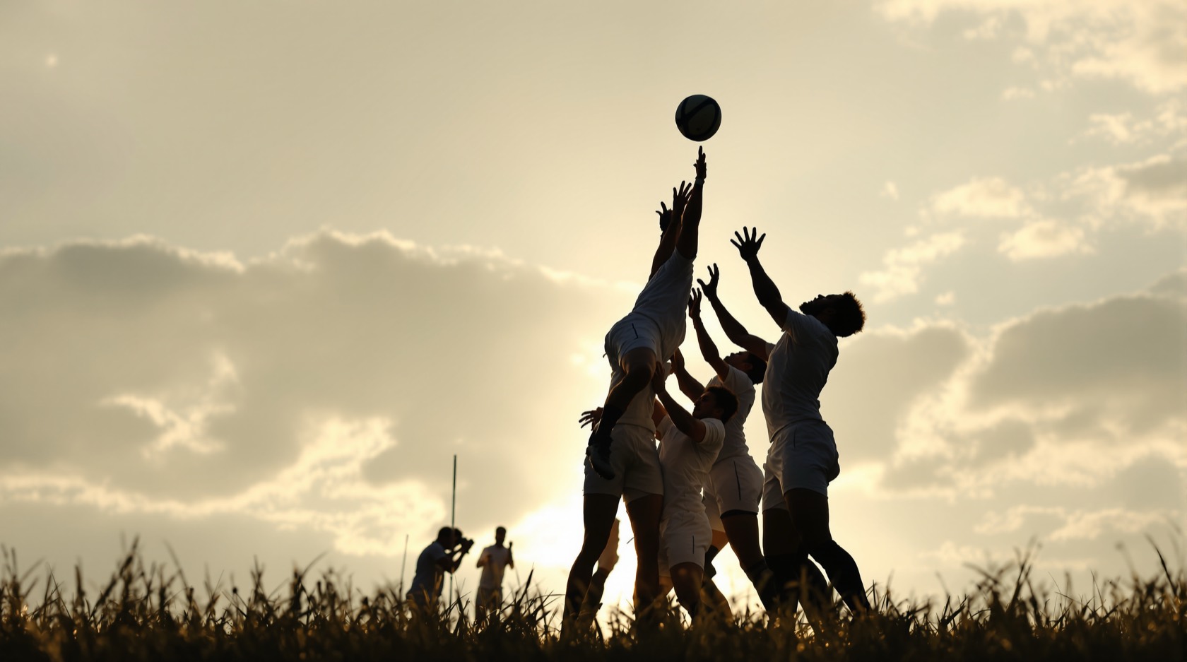 Silhouetted players practicing a rugby lineout lift against a bright sky