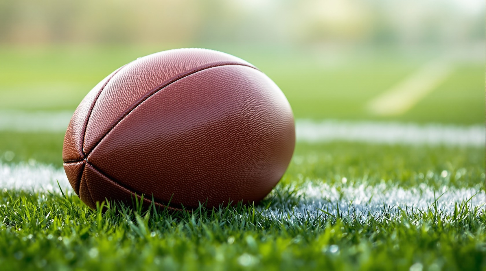 A leather rugby ball resting on dewy grass near a painted try-line