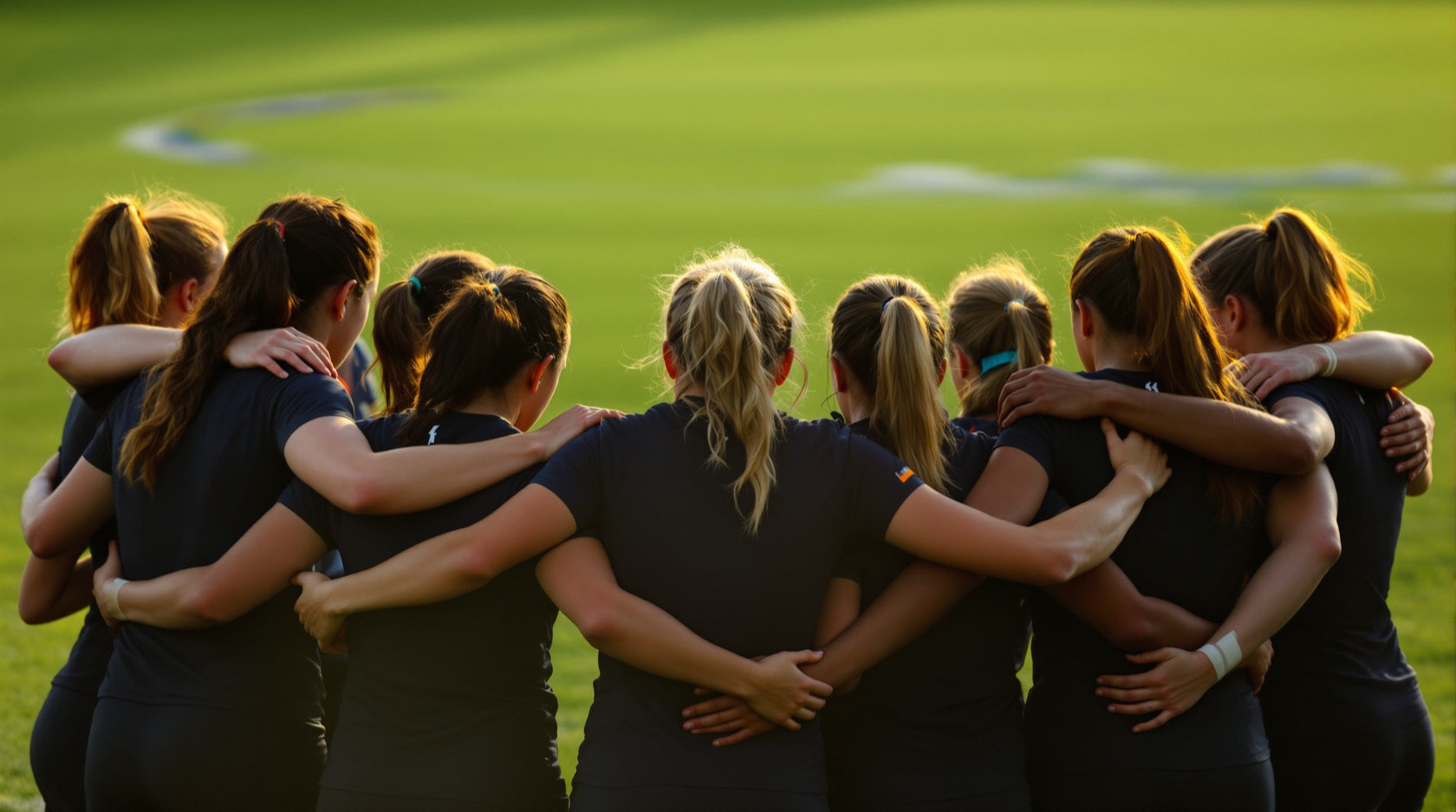 A women's rugby team huddled together on a green pitch, seen from behind